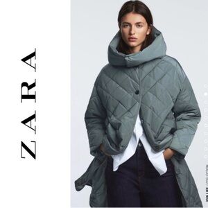 Zara Women's Quilted Gray/Sage Green Oversized Puffer Jacket with Hood